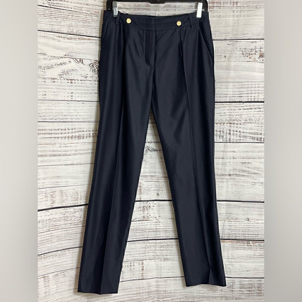 Massimo Dutti trouser Womens Size 28 gold Crest buttons Navy Denim Pants‎ office